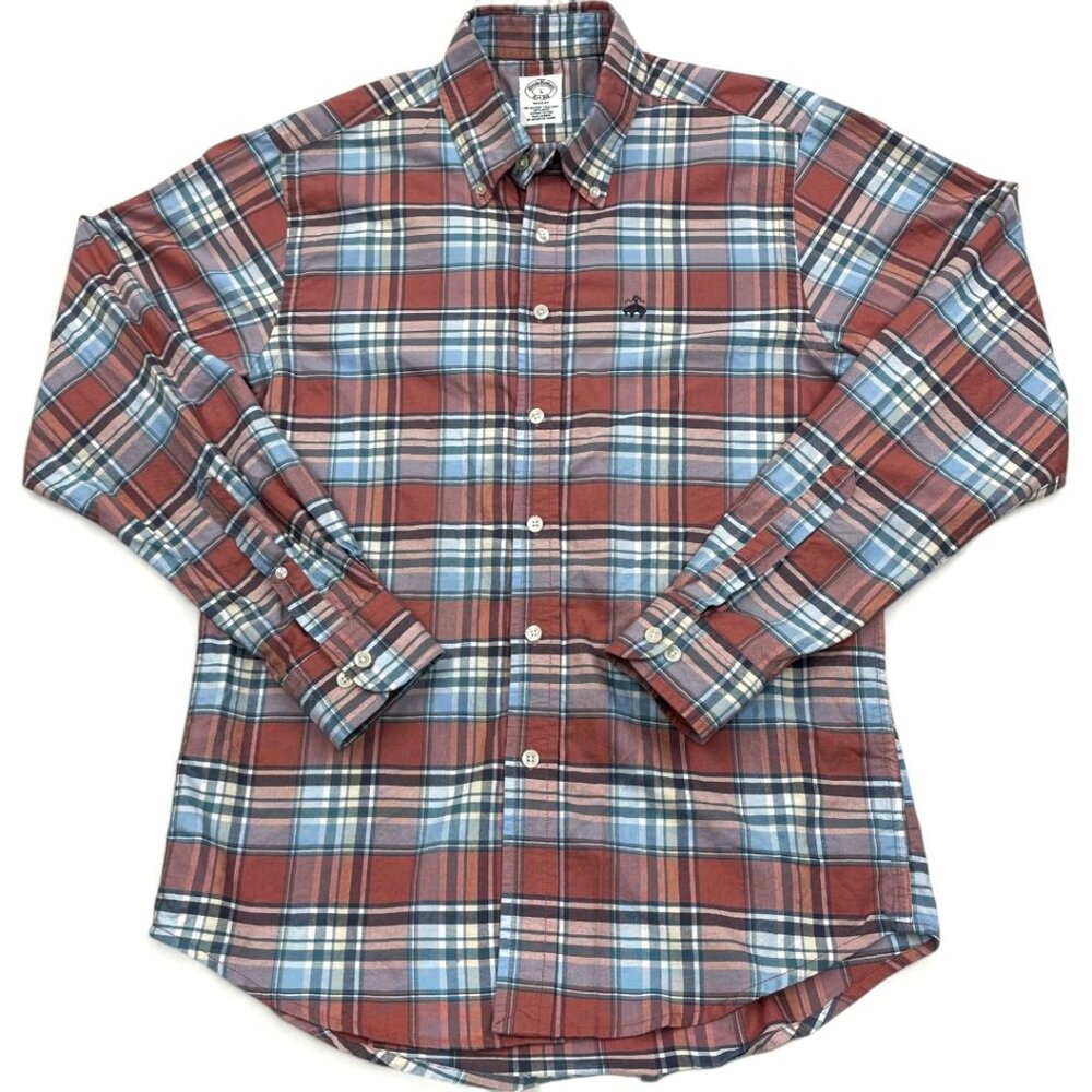 Brooks Brother Regent Supima Cotton Red Blue Plaid Check Youth Boys L 18-20
